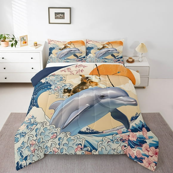 Funny Corgi Queen Comforter Set for Boys Girls Ocean Dolphin Bedding Set Queen, Cartoon Animals Bedding Comforter Sets Oriental Asian Japanese Duvet Set, Ukiyoe Ocean Wave Sun Quilted Comforter