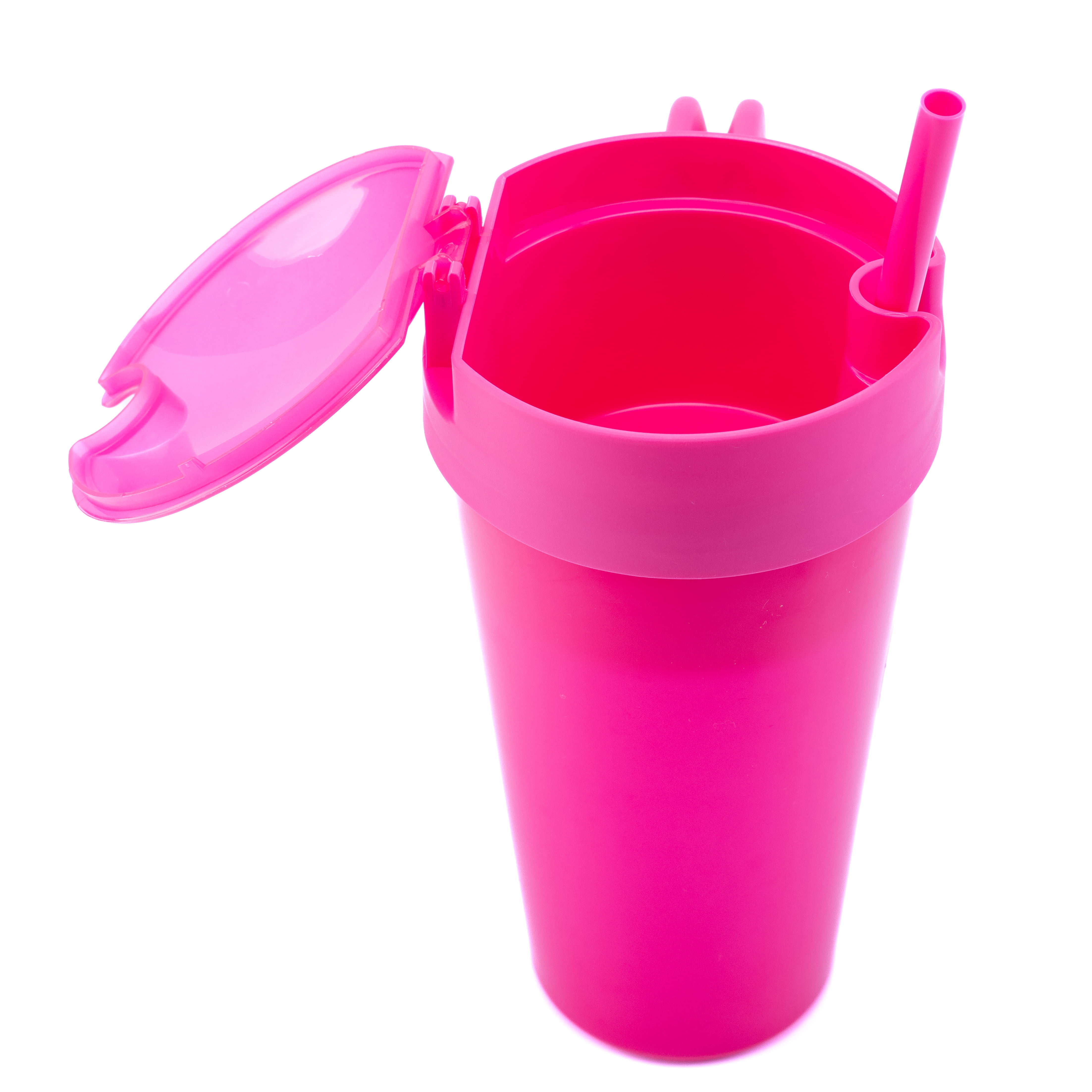 Mainstays 24 oz Plastic Snack Tumbler with Straw, Pink, Color Changing, Includes Snack Compartment with Lid
