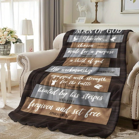 Man of God Inspirational Quotes Knitted Polyester Flannel Throw Blanket - Digital Print Soft Quilted All Seasons Cover for Bedroom, Living Room, Travel - Religious Motif, Comforting & Warm, Gift Idea