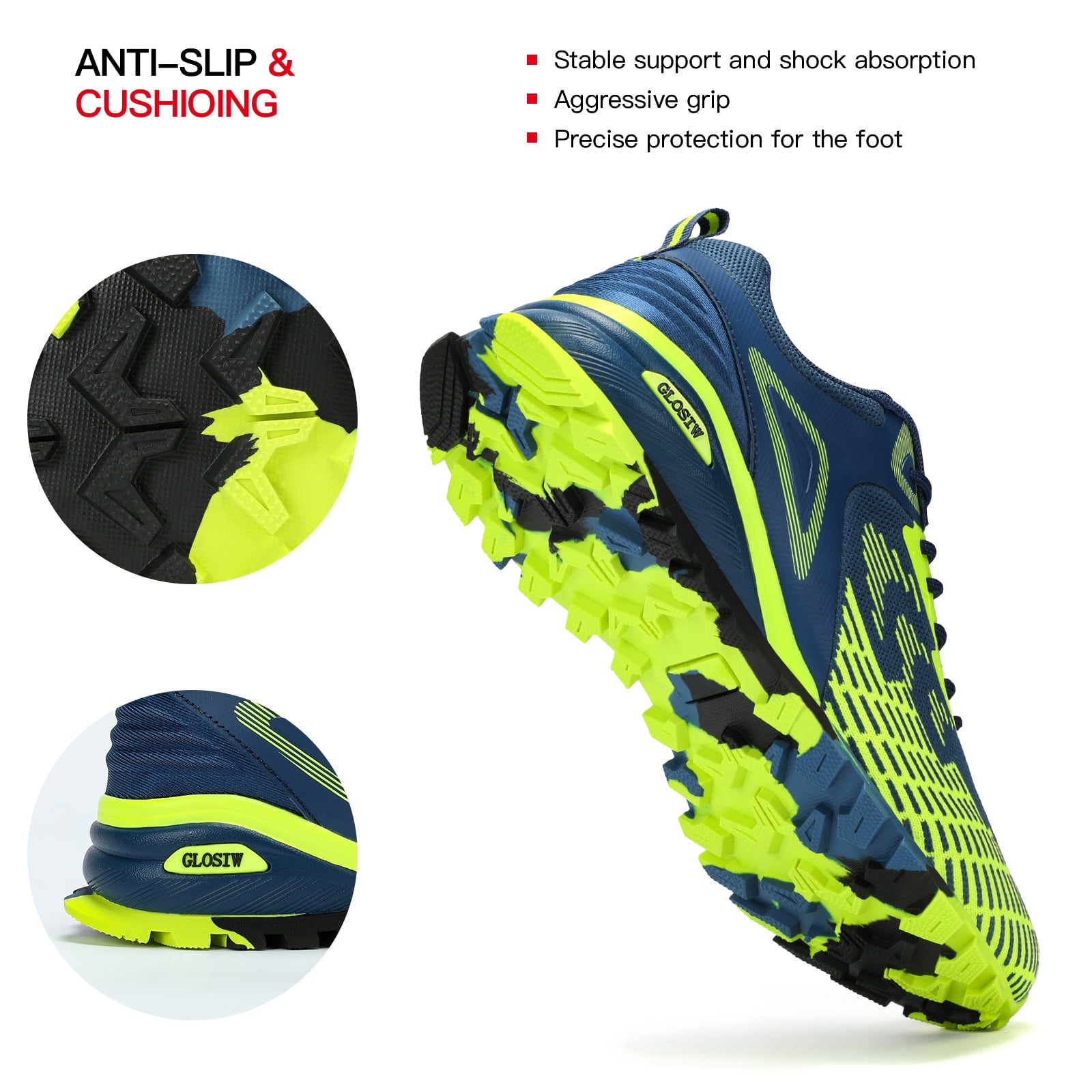 GLOSIW Men's Trail Running Shoes Non Slip Hiking Shoes Tennis Shoes Fashion Sneakers Workout Footwear