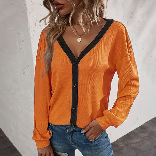 LOVZFMLL Cardigan pour Femmes Mode Décontractée à Agencement de Couleurs à Boutons Cardigan à Manches Longues Haut Blouse