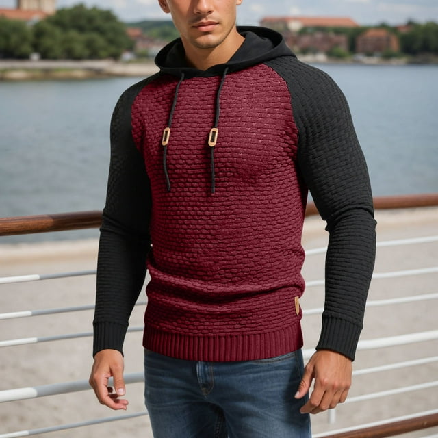 MHFRRA Sudadera con Capucha Informal de Manga Larga con Cuadros Pequeños y Bloques de Color para Hombre Rojo