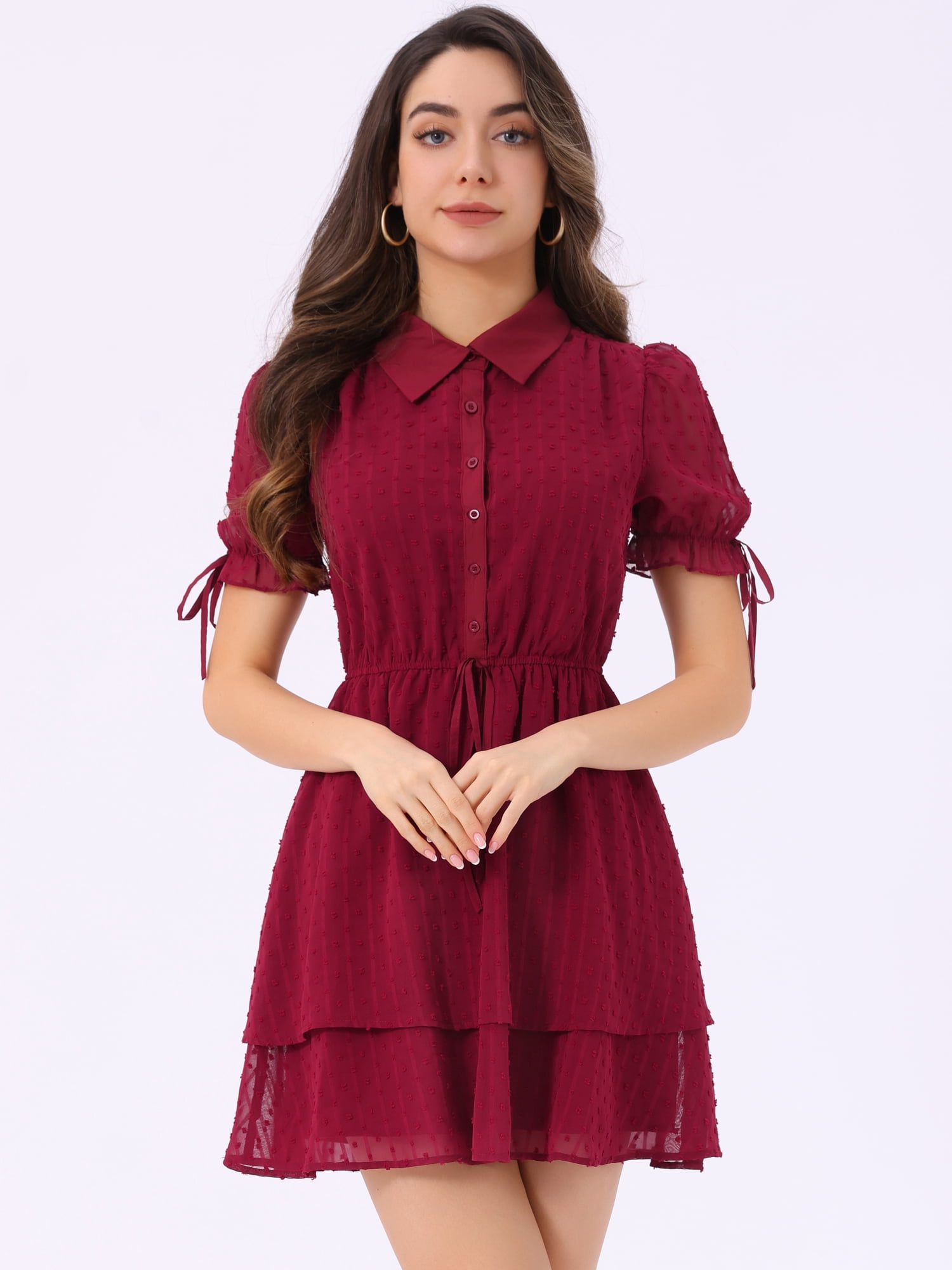 DARING DIVA Solid Short Sleeve A-Line Shirt Dress S Dark Red