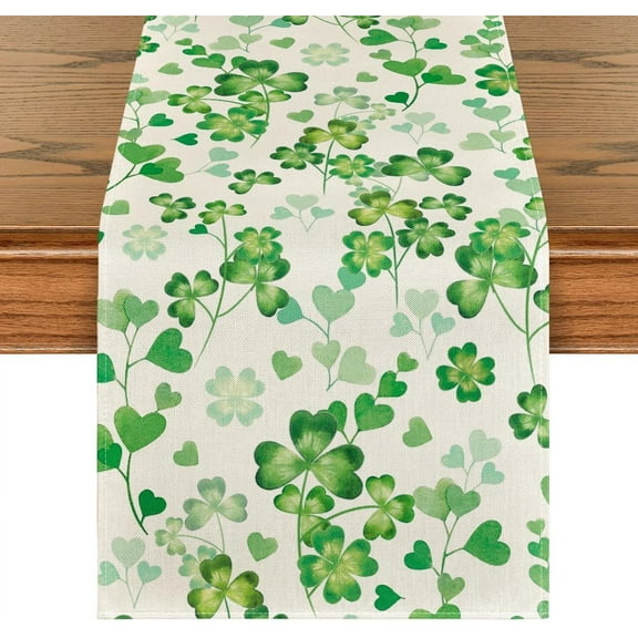 mubwai Clover Shamrock Leaves St. Patrick''s Day Table Runner, Seasonal Spring Kitchen Dining Table Decoration for Home Party Decor 13x36 Inch
