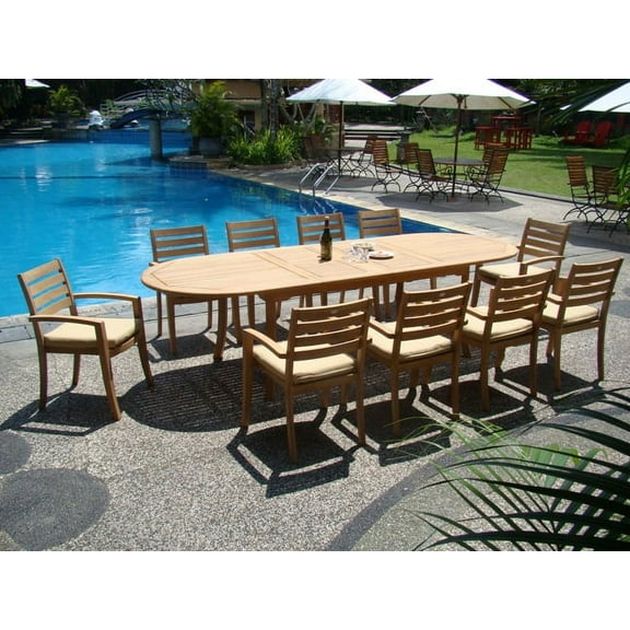 Teak Dining Set:10 Seater 11 Pc - Large 117" Oval Table And 10 Travota Stacking Arm Chairs Outdoor Patio Grade-A Teak Wood WholesaleTeak #WMDSTVa