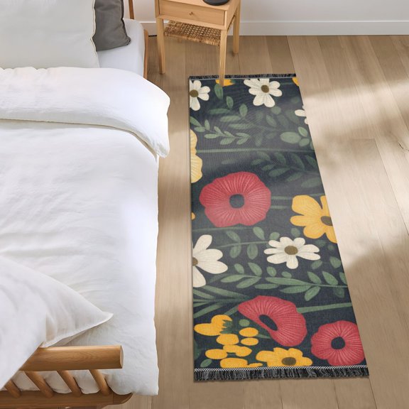Flowers on Black Background Bedroom Runner Rug 2'x 6' Non Slip Carpet Indoor Home Area Rug Living Room