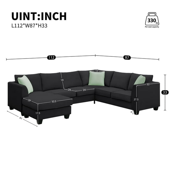 Newboti Furniture 112*87" Sectional Sofa Couches Living Room Sets, 7 Seats Modular Sectional Sofa w/Ottoman, L Shape Fabric Sofa Corner Couch Set w/3 Pillows, Black(New of GS008210AAB) 62831