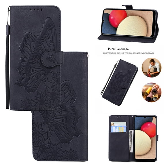 Feishell Wallet Case For Samsung A03S, Magnetic Folio Card Slots Holder Kickstand Premium PU Leather Butterfly Patterned Embossed with Wrist Strap Cover For Samsung Galaxy A03S, Black
