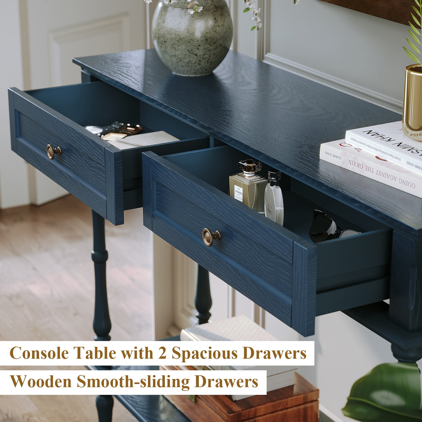 CBJCBJ40"Vintage Minimal Assembly Console Table with 2 Storage Drawers,Suitable for Living Room,Blue