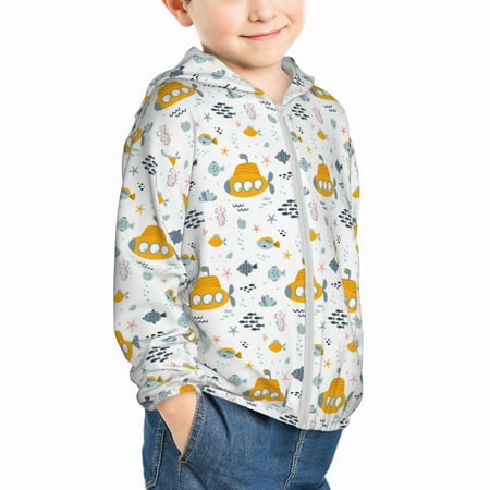 

Uemuo Submarine Ship Pattern Rash Guard for Boys Girls Long Sleeve Swim Shirts UPF 50+ UV Sun Protection Hooded Fishing Shirt with Pocket for Kid-3 Years