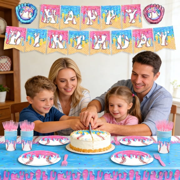 Oefntac Party Supplies Ice Cream Baseball Party Tableware Plates Cups Napkins Banner Tablecloth Disposable Kids Birthday Summer Event Supplies
