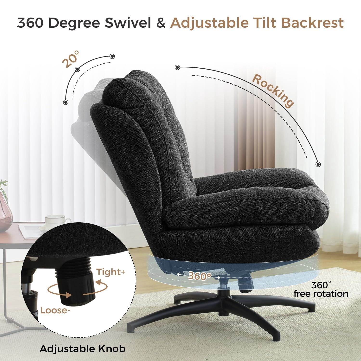 Comfort Stretch Black Swivel Accent Chair with Ottoman Rocker Glider Chairs Ottoman Footrest Set