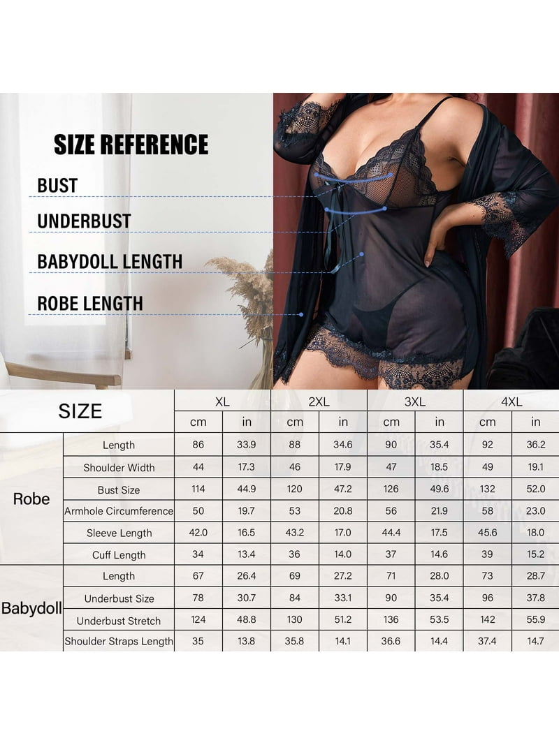 Plus Size Sexy Lingerie, CaiDieNu Lingerie for Women, 3-Piece Women Lingerie  Sexy Lace Nightgowns with Robe & Thong - Black