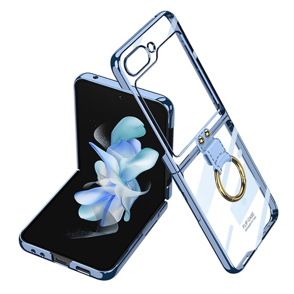 ELEHOLD for Samsung Z Flip 5 Clear Case with Ring Stand, Galaxy Z Flip 5 Transparent Slim Plating Lightweight Case with Metal Ring Holder for Samsung Galaxy Z Flip 5 5G 2023,Blue
