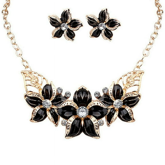 Yesbay Women Rhinestone Flower Statement Pendant Necklace Earrings Jewelry Set-Black