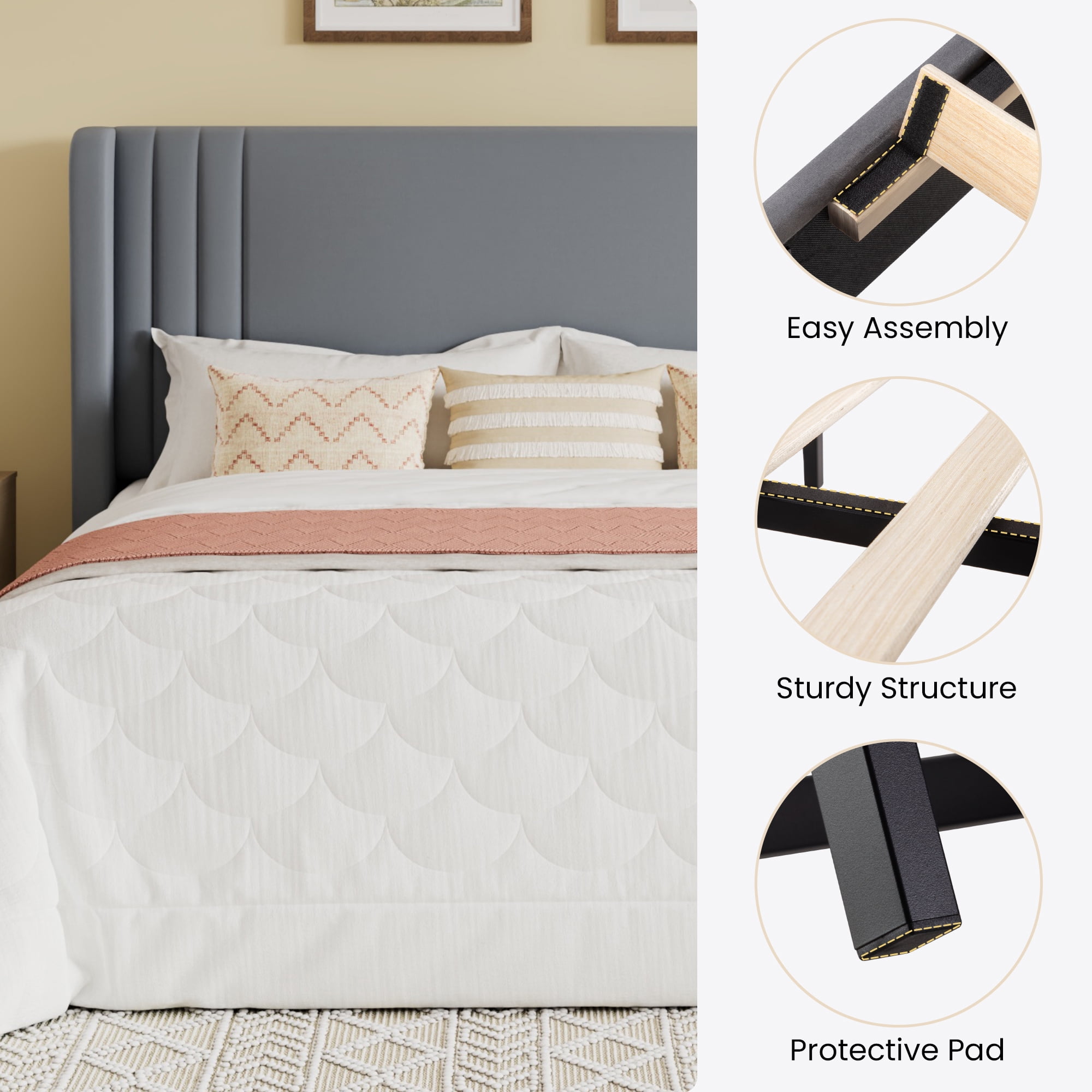 SHA CERLIN King Size Velvet Upholstered Platform Bed Frame with Vertical Channel Tufted Wingback Headboard, Wooden Slats Support, Easy Assembly, Under Bed Storage, No Box Spring Required, Grey