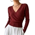 thumbnail image 2 of Yteetum Ribbed Knit Shirts for Women Long Sleeve Cross Wrap V Neck Slim Pullover Sweater Tops Causal Solid Loose Comfy Basic Blouses Fall Winter Outfits, 2 of 8