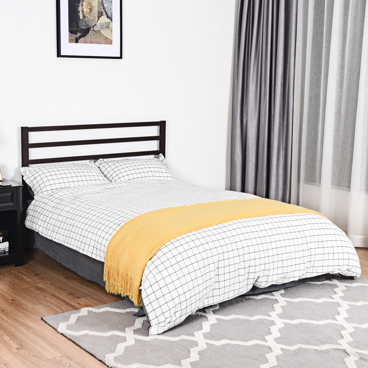 Costway Queen Size Steel Bed Frame Platform Wooden Slat ...