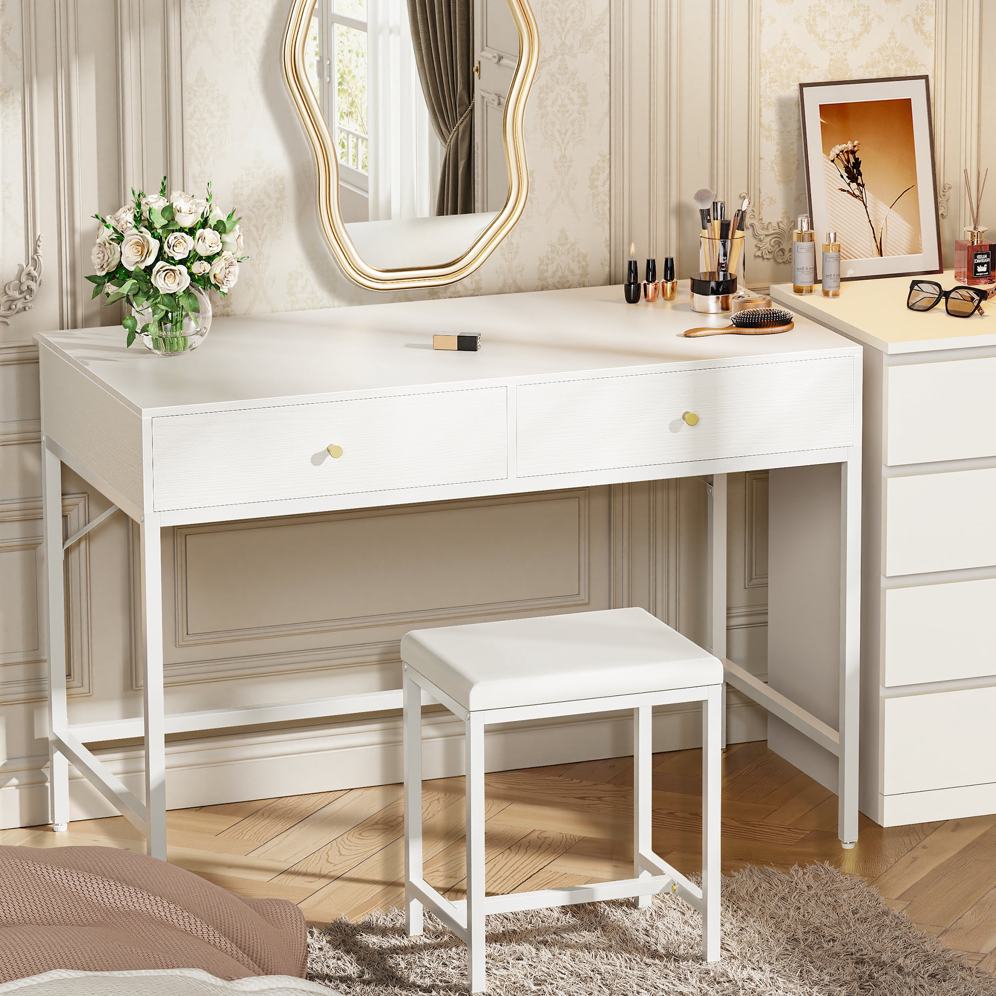 Amadwell 35.4 Inches White and Gold Desk with 2 Drawers, Vanity Desk with Padded Stool, Bedroom