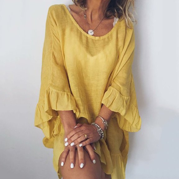 Njoeus Women's Casual Solid Round Neck T-Shirt Dress Ruffled 3/4 Sleeve Loose Flowy Tunic Dress Mini Dress