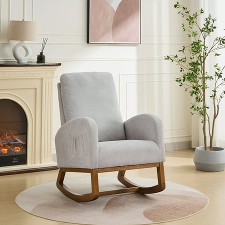 27.2"W Rocking Chair for Nursery, Polyester Glider Chair with High Back and Side Pocket, Rocking Accent Armchair with Rubber Wood Legs for Living Room/Bedroom.Light Gray