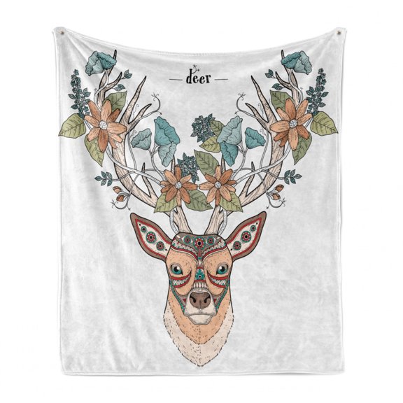 Antlers Soft Flannel Fleece Throw Blanket, Deer Head with Flowers Blooms Cultural Design Ornamental Illustration, Cozy Plush for Indoor and Outdoor Use, 60" x 80", Tan Green Teal, by Ambesonne