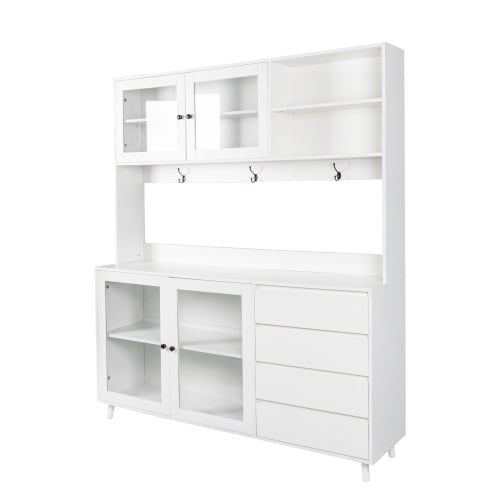 63" W Large Kitchen Hutch Cabinet - Freestanding Pantry Storage Cupboard with 4 Doors, 4 Drawers, Microwave Shelf, and Multi-Functional Organization Solutions for Kitchen, Office, or Garage (White)
