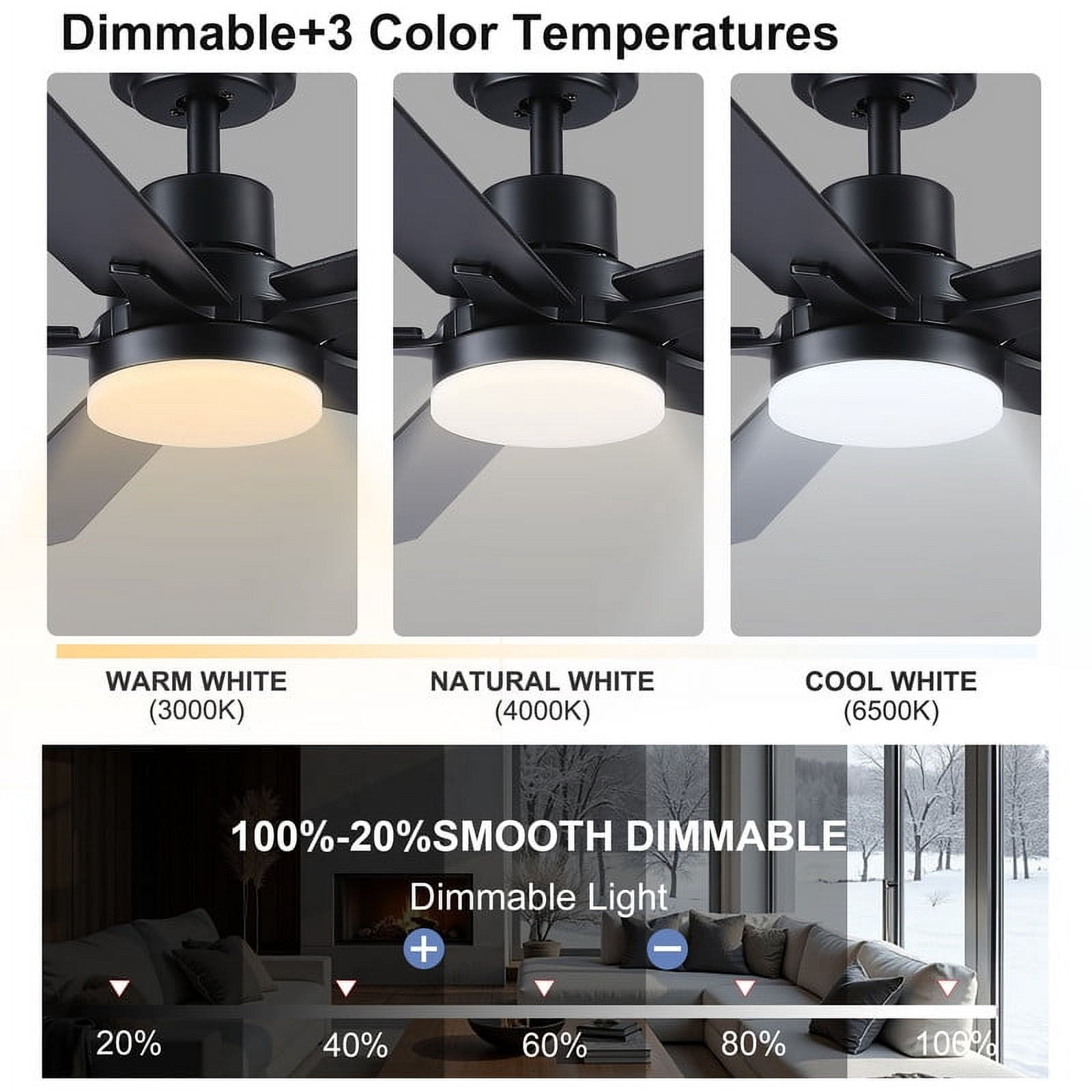Wellspeed 52 in. Modern Ceiling Fan with Dimmable Light, for Indoor, Remote Control, 6 Speeds Reversible DC Motor, Black