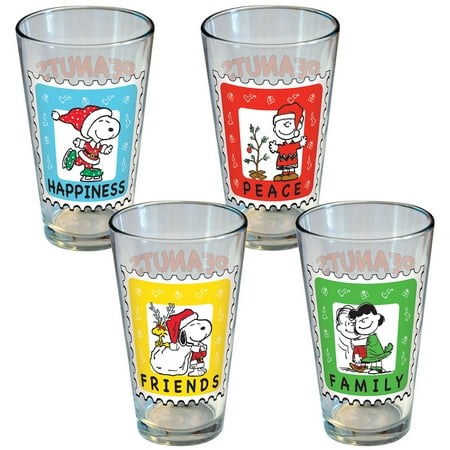 Holiday Glassware - (Set/4) PEANUTS Christmas Holiday Postage Stamp Collectible Pint Glasses