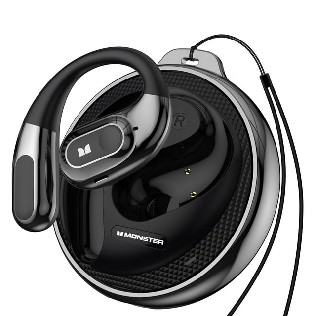 Monster Open Ear Buds, wireless Bluetooth 5.4 earbuds with a sleek black design, shown in their stylish rotating circular case with a lanyard. The earbuds feature an open ear design with ergonomic ear hooks for a secure and comfortable fit. The case displays the Monster logo and includes Type-C charging compatibility. These sport earbuds offer 24-hour playback, IPX5 water resistance, and Pure Monster Sound with 14.2mm drivers for clear audio quality.