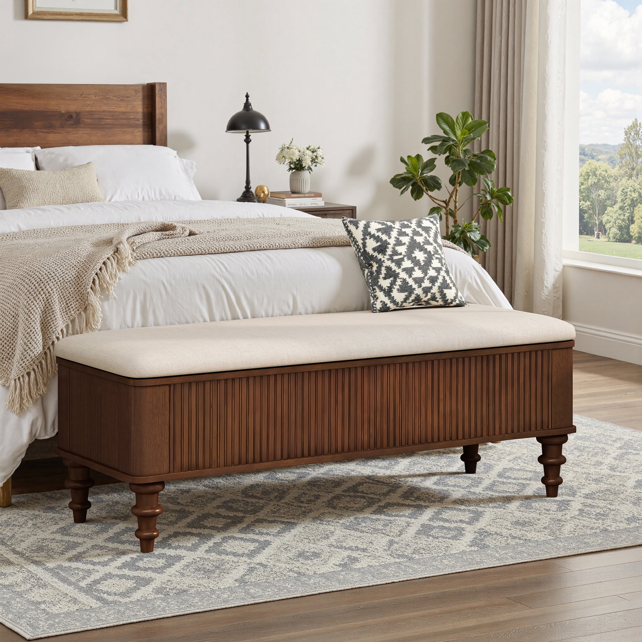 GDF Studio 50.8-Inch Storage Ottoman Bench with Beige Linen Seat, Solid Rubberwood Frame, Walnut