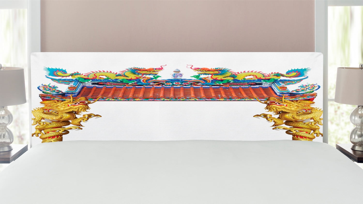 Dragon Headboard, Chinese Style Dragon Archway over Pillars in Building