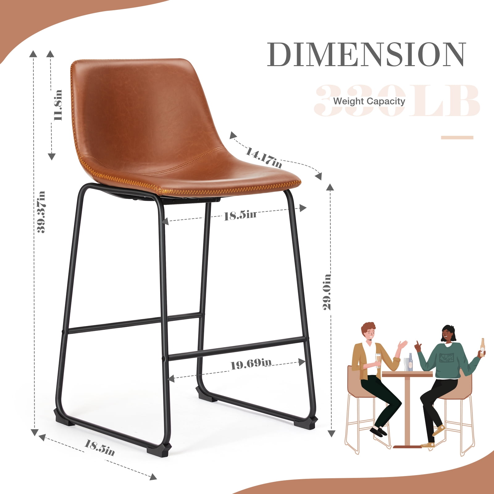 JOINSUN Set of 2 Modern Counter Stool, 30 inch Counter Height Bar Stools With Metal Legs, Footrest, Brown