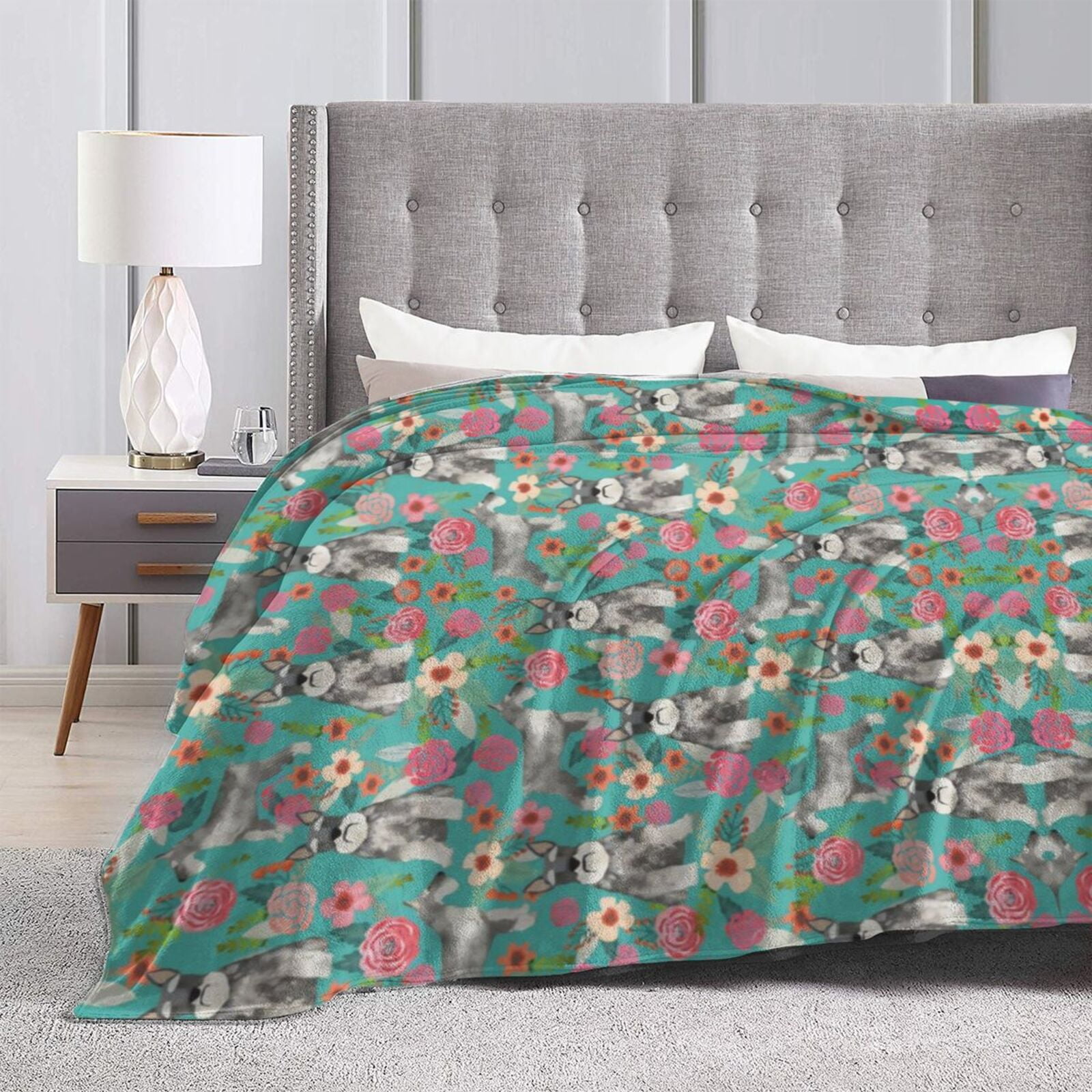 Wijzvio Schnauzer Dogs Lovers Flower Floral Throw Blanket Soft Fuzzy Fleece Blanket For Couch Bed Living Room Decoration 60"X50"