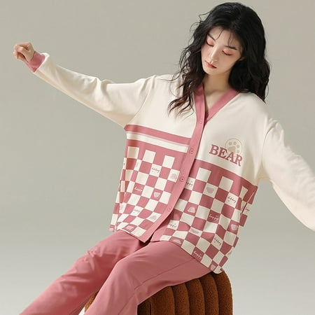

QWZNDZGR Spring Autumn Cotton Cartoon Young Couple Pajama Sets Pyjamas Kawaii Sleep Loungewear Plaid Sleepwear Suits Pajamas for Lovers