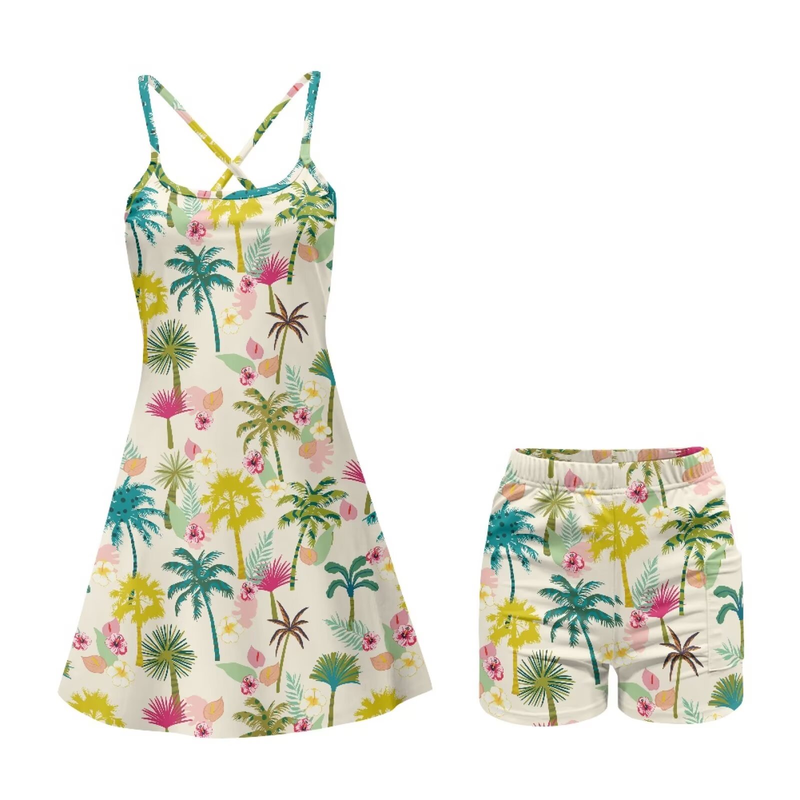 Yuyamidu Colorful Coconut Tree Golf Dress for Womens Size 2XL Hawaii Tennis Dress with Built in Shorts, Slim Fit Sleeveless Women Athletic Dresses Outfits, 2 Piece