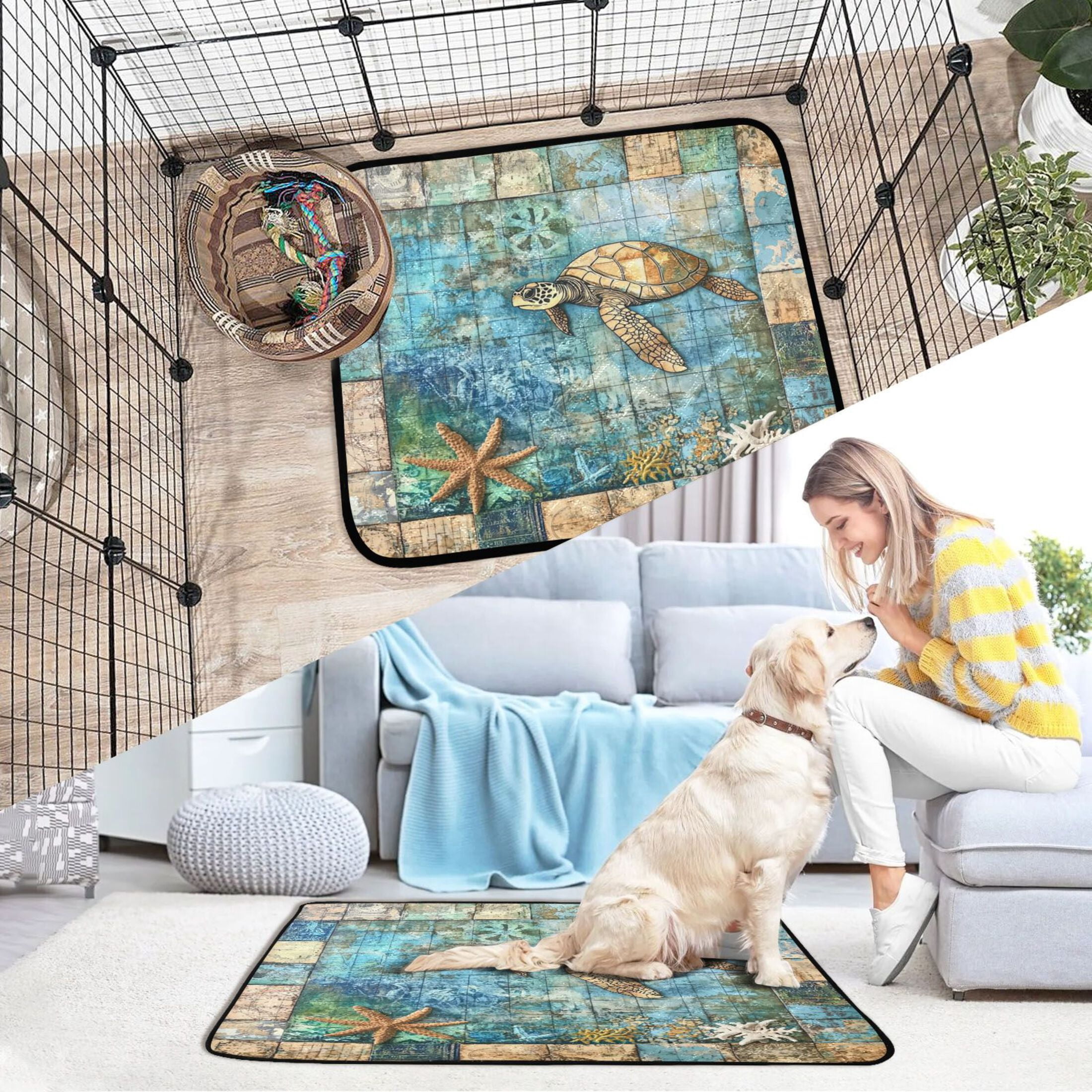 Qxltty Turtle Coral Figure Cat litter Pads Pet Set of 3 Diaper Mats Center Anti-leakage Layer Absorbent Soft and Comfortable