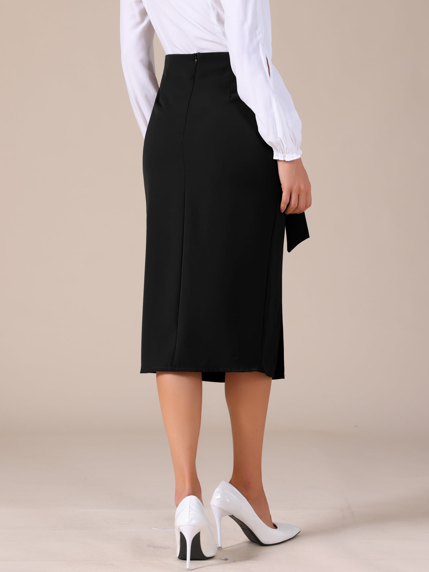 DARING DIVA Women's Work Wrap Bow Tie Office Slit Midi Skirt Medium Black