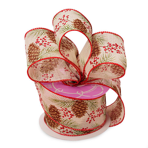 2 1/2" X 10 Yards Multi Pinecones & Holly Sheer Ribbon Christmas by Paper Mart