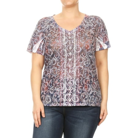 Women Plus Size Rhinestone Deco V-Neck Short Sleeve Blouse Tunic Top Navy 1XL (SE16045-2)