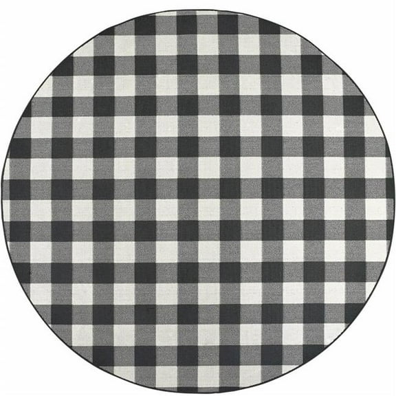 8 in. Gingham Indoor Outdoor Round Area Rug, Black & Ivory
