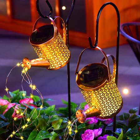 2 Pack Solar Garden Lights  Outdoor Hanging Halloween Decorative Lantern Watering Can with Shepherd Hook for Yard Yard Lawn Decoration LED