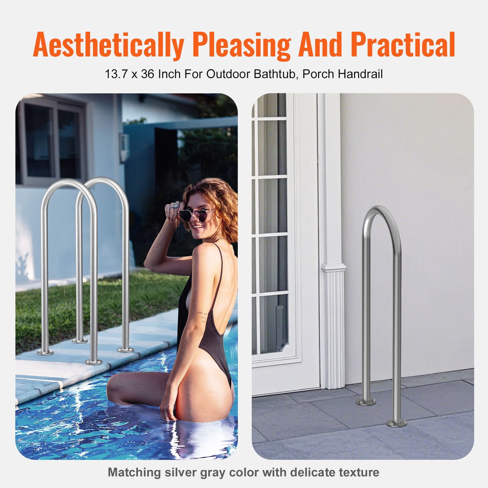 Pool Handrail, 36 x 13 inch Pool Railing, Aluminum with Base Plate for Indoor/Outdoor Pools, Humanized Swimming Pool Safety Railing for Decks, Rust-Proof Grab Bar with Accessories for Spas Docks