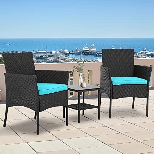 NiamVelo 3 Piece Patio Furniture Set, Outdoor PE Rattan Wicker Conversation Set with Soft Cushions, Glass Coffee Table & 2 Chairs for Garden/Deck/Courtyard/Poolside, Blue