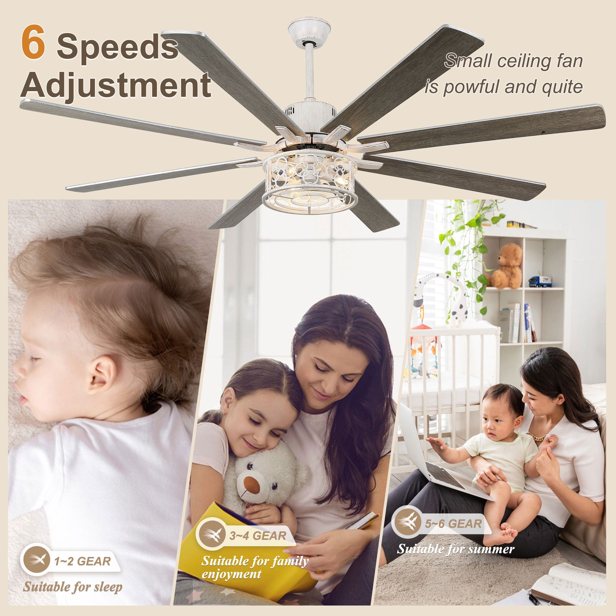 Bella Depot 72" Ceiling Fan 6-speed Farmhouse Metal Cage 3-Light Chandelier with Remote