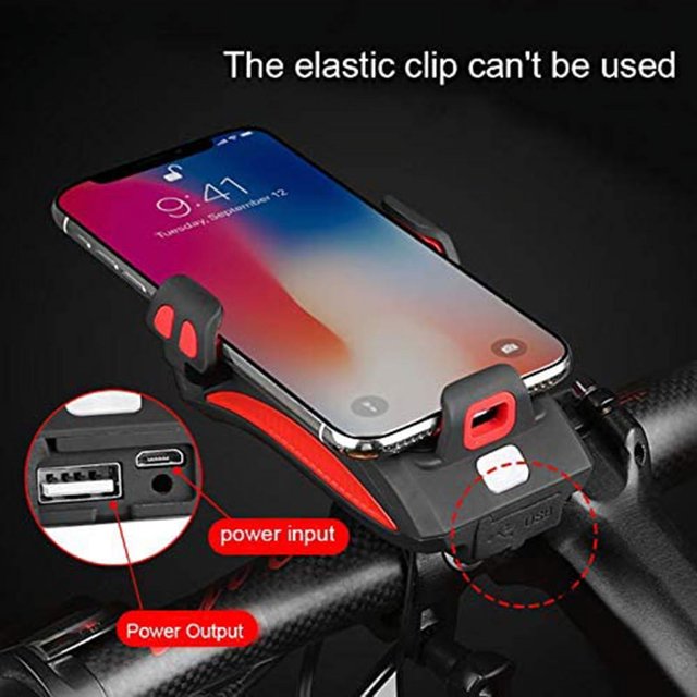 Soporte para teléfono móvil con luz para bicicleta, soporte para teléfono móvil 4 en 1 para bicicleta, faro LED para bicicleta, cargador USB con bocina, resistente al agua para teléfonos