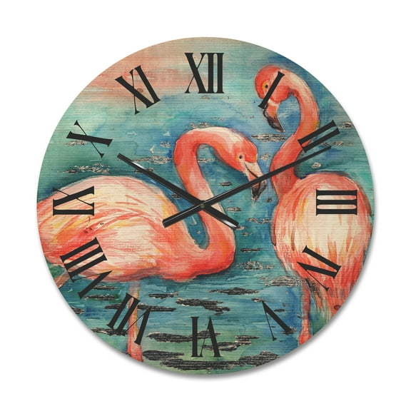 Designart 'Pink Flamingos Love Birds In Blue Water I' Farmhouse Wood Wall Clock