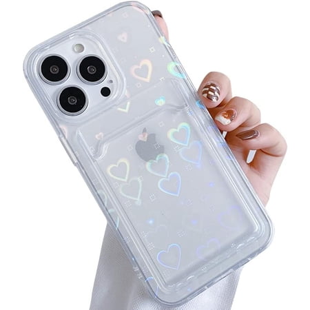 Compatible with iPhone Case,Cute Glitter Sparkle Bling Laser Holographic Heart Credit Card Slot Holder Wallet Bumper Clear Soft Shockproof Cover Phone Case (Green,iPhone X/Xs)