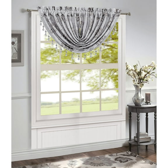 Felicia Jacquard Rod Pocket Waterfall Window Valance, Silver, 48x37 Inches
