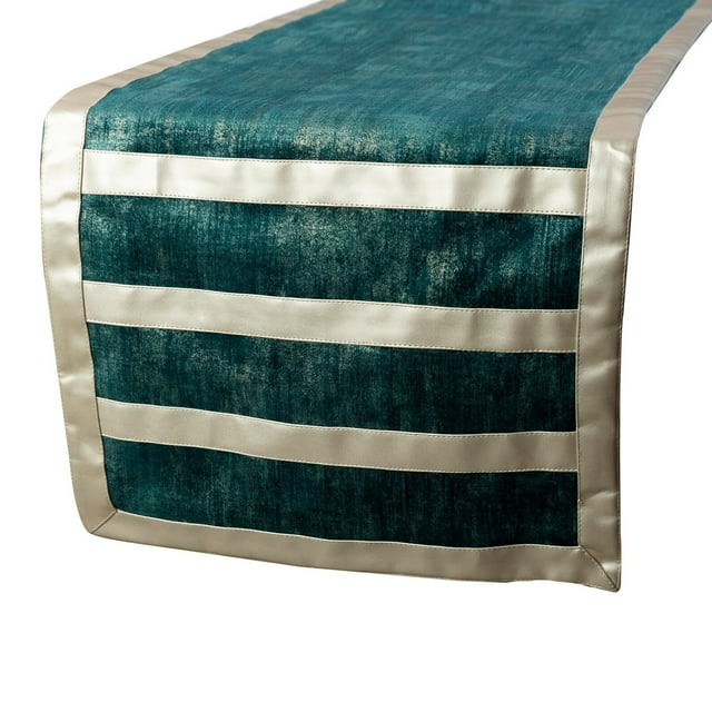 The HomeCentric Chemin de Table Décoratif Azriel 16 Pieds' x 108 Pieds' Velours Patchwork & Feuille Style Moderne Bleu Sarcelle